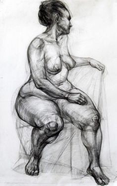 a black and white drawing of a naked woman sitting on a chair with her legs crossed