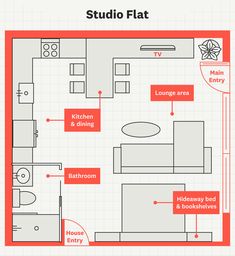 the floor plan for a studio flat with furniture, kitchen and living room labeled in red