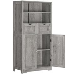 an open bookcase with two shelves and one door on the side, in grey wood