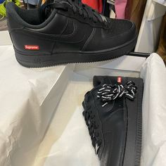 Nike/Supreme Air Force 1 Low Size 9. Supreme Air Force 1, Air Force 1 Low, Nike Black, Mens Shoes Sneakers, Air Force 1, Men's Nike, Black Nikes, Nike Men, Air Force