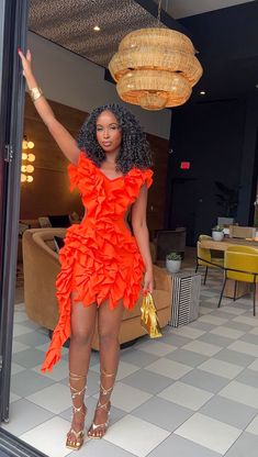 In a ruffle. Our Joi Dress features a plunging neckline, fitted shiloutte, open back, and zipper closure. Polyester Model in M Dressy Outfits, Ruffle Dress Outfit, Birthday Fits, Cute Birthday Outfits, Orange Outfit, Pink Plastic, Maxi Dress Blue, Lookbook Outfits