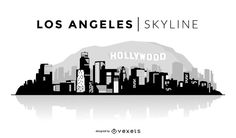 the skyline of los angeles is shown in this black and white poster, which reads hollywood