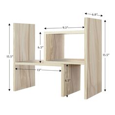 three wooden shelves with measurements for each shelf