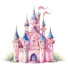 a watercolor drawing of a pink castle with turrets and flags on it's roof