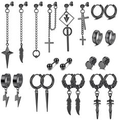 PRICES MAY VARY. 🗡22 PCS MEN’S EARRINGS🗡-- Contains Hoop Earrings, Hoop Dangle Earrings, Stud Earrings And Stud Earrings With Chain. This Set Of Unisex Earrings Are Equipped With Novel Crosses, Feathers, Lightning, Swords, Dumbbells, Chains And Other Fashionable Elements. It Is A Trendy Accessory You Can’t Miss. 🌌CROSS DANGLE EARRINGS SIZE🌌--These Hoop Dangle Earrings Come In Different Sizes, Hoop Earrings Bar 18 Gauge=1.0mm, Stud Earrings Bar Guage:0.8mm(20g). And Other Size Details Have Be Cool Earrings For Guys, Nails Pendant, Kpop Earrings, Unisex Earrings, Earrings For Men, Stainless Steel Hinges, Small Earrings Studs, Men Earrings, Hanging Earrings