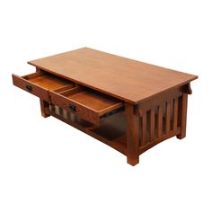 a wooden coffee table with two drawers on each side and an open drawer in the middle