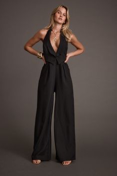 Astoria Black Plunge Halter Tailored Jumpsuit Masculine Jumpsuits For Women, Jumpsuit For Women Wedding, Jumpsuits For Prom, Wide Leg Jumpsuit Formal, Casino Royale Theme Party Outfit, Built In Styling, Business Cocktail Attire, Formal Black Jumpsuit, Ootd Jumpsuit