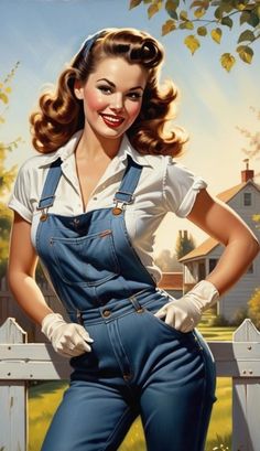 a painting of a woman wearing overalls and holding her hands on her hips while standing in front of a fence