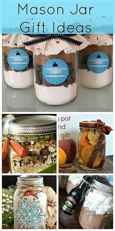 mason jar gift ideas for the holidays, including gifts in jars with labels on them