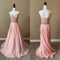 two pictures of a dress on display in front of a wall and one is pink