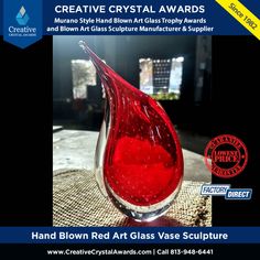 Hand blown art glass vase award, vase art glass award, Murano style art glass vase sculpture, artistic glass vase trophy, blown glass vase, art glass red vase award, red art glass vase award, red vase art glass award,art glass award, art glass sculpture, teardrop art glass vase, art glass teardrop vase award, reg glass vase Glass Vase Centerpiece, Vase Sculpture, Glass Vases Centerpieces, Vase Centerpiece, Crystal Awards, Recognition Awards