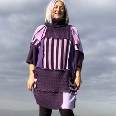 Excited to share this item from my #etsy shop: Purple Lilac Ombre Patchwork Tunic Poncho One Size Free Size Poncho Upcycled Unique Handmade Zero Waste Fashion Poncho Sweatshirt Purple Eco Pink Plus Size Dresses, Fashion Poncho, Warm Winter Dresses, Reworked Clothing, Clothing For Tall Women