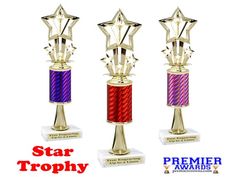 three trophies with ribbons on them and the words star trophy written in red, purple, and blue