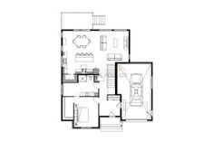 the floor plan for this modern house shows the living room and dining area, as well as the kitchen