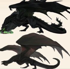 two black dragon like creatures with green eyes