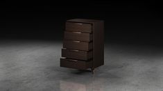 a tall brown dresser sitting on top of a floor next to a black wall in an empty room