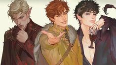 three male characters are posing for the camera, one is pointing to his left and the other has an evil look on his face