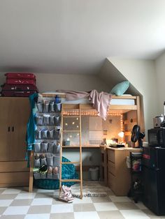 a room with a bunk bed and some shelves