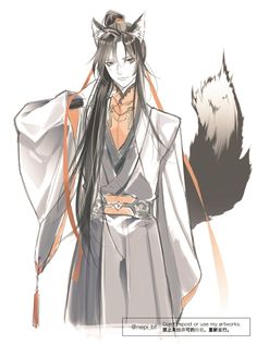 an anime character with long black hair wearing a kimono and holding a wolf's tail