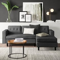 a living room with a gray couch and coffee table in front of the grey wall