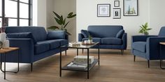 modern 3 piece living room furniture set 2 seater, 3 seater sofas and armchair with rounded back cushions. in navy blue velvet, black tapered metal legs. Scandi Industrial style Industrial Minimalist, In The Navy, Navy Blue Velvet, Home Styles, Stylish Living Room, Sofa Armchair