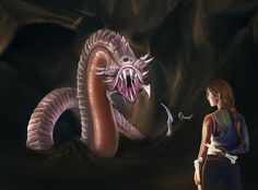 a woman standing in front of a giant snake with her hand on her hip, looking at it