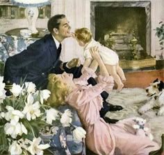 a painting of a man and two children in front of a fireplace with flowers on the floor