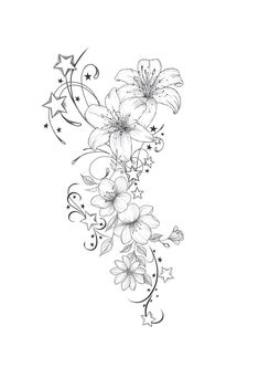 a black and white drawing of flowers on a white background, with stars in the middle