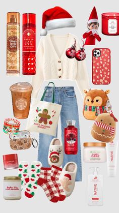 the contents of a woman's christmas outfit including shoes, socks and other items