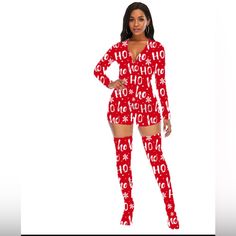 Christmas Print Ho Ho V Neck Onesie And Matching Socks Brand: Christmas Size: S Color: Red Print Type: Letters, Christmas Neckline: Round Neck Sleeve Length: Long Sleeve Sleeve Types: Normal Sleeve Length: Crop Fit Type: Slim Fabric: Light Elastic Material: Cloth Composition: 92% Polyester, 8% Elastane Nw. New Condition. Christmas Onesie Womens, Christmas Pajamas Women, Pajama Party Outfit, Onesie Party, Christmas Nightgowns, Holiday Onesies, Womens Christmas Pajamas, Pink Flannel, Christmas Onesie