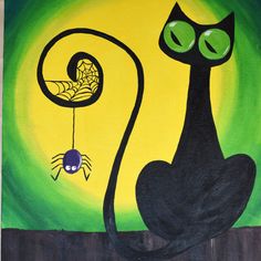 a painting of a black cat with green eyes and a spider hanging from it's tail