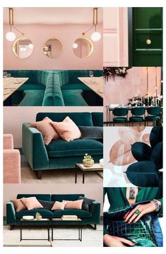 a collage of green couches and pink walls in a living room with gold accents