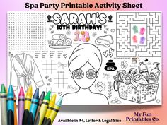 the spa party printable activity sheet is shown with markers and crayon pens