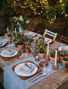 the table is set with succulents and place settings for an outdoor dinner