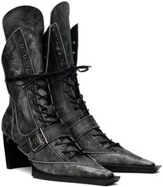 Handcrafted ankle-high buffed leather boots in black. · Distressing and fading throughout · Pointed square toe · Lace-up closure · Pin-buckle strap at vamp · Extended tongue · Zip closure at inner side · Logo embossed at molded leather footbed · Grained leather lining · Curved heel with rubber injection · Leather sole · Heel: H2.75 in Supplier color: Moto black Leather Boots, Lace Up, Buckle, Luxury Fashion, Heels, Boots, Leather, Black