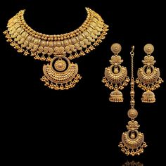 Indian Bridal Traditional One Gram Jewelry Choker Set. Gorgeous 24 K gold plated. Highest quality and craftsmanship,  Ready to ship from Edison NJ USA Please contact us any questions South Indian Wedding Jewelry, Temple Necklace, Perhiasan India, Gold Bridal Necklace, Gold Bridal Jewellery Sets, Jewelry Set Design, Gold Jewelry Sets, Indian Necklace, Gold Bride Jewelry