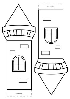 a drawing of a castle with a tower and window on it's side, in black and white