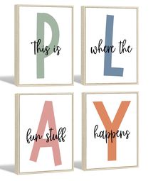 four framed letters with the words play, fun stuff and happy things in different colors