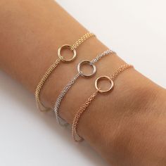 Dainty Bracelet, Delicate Bracelet, Gold Bracelet, Eternity Bracelet MEASUREMENTS/MATERIALS - Color options: .925 Sterling Silver / 14K Gold Vermeil / 14K Rose Gold Vermeil - Circle Accent Diameter 3/8 in | 1 cm - Bracelet chain L 6 1/2 in | 16.5 cm & 5/8 in | 1.6 cm extension - Hypoallergenic, lead & nickel free - Made in New York City To shop more Bracelets: https://www.etsy.com/shop/AccessoriesAtelier?ref=shop_sugg&section_id=24595195 Jewelry Gold Bracelet, Bridal Bracelets, Eternity Bracelet, Dainty Choker Necklace, Circle Bracelet, Gold Armband, Dainty Bracelet, Adjustable Jewelry, Stackable Bracelets