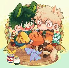 two anime characters sitting in a basket with stuffed animals