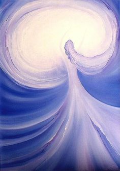 an abstract painting of a woman in white dress with blue and white swirls around her