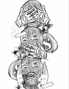 a black and white drawing of money stacked on top of each other with hands holding coins