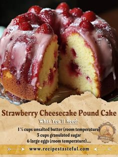 a strawberry cheesecake pound cake is cut in half