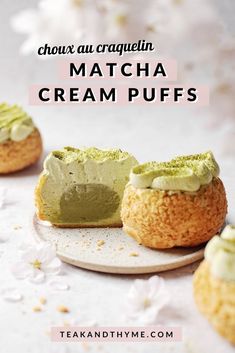 three small cupcakes with green frosting on top and the words, choose an ingredient for matcha cream puffs