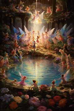 a painting of many different kinds of people in the water with flowers around them and an angel