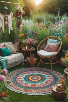 a garden with lots of flowers and plants on the ground, including an area rug