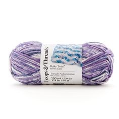 purple and white yarn with blue stripes on the top, in front of a white background