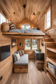 the loft bed is built into the wooden walls