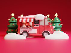 an image of a food truck with christmas trees on the side and teddy bears in the back