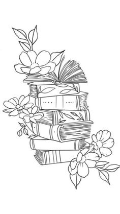 a stack of books with flowers on top